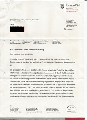 Schreiben vom Ministerium des Inneren zum Thema A65 und der Anbindung an Neulauterburg vom 28.08.2012