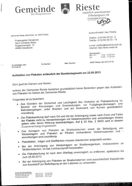 Datei:Plakatiergenehmigung BTW13 Rieste.jpg