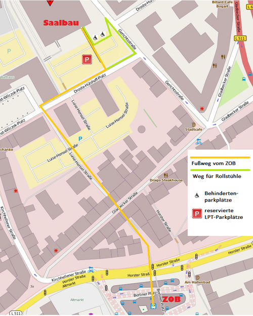 Fußweg vom ZOB zum Saalbau, inkl. Rollstuhlweg und Parkplätzen